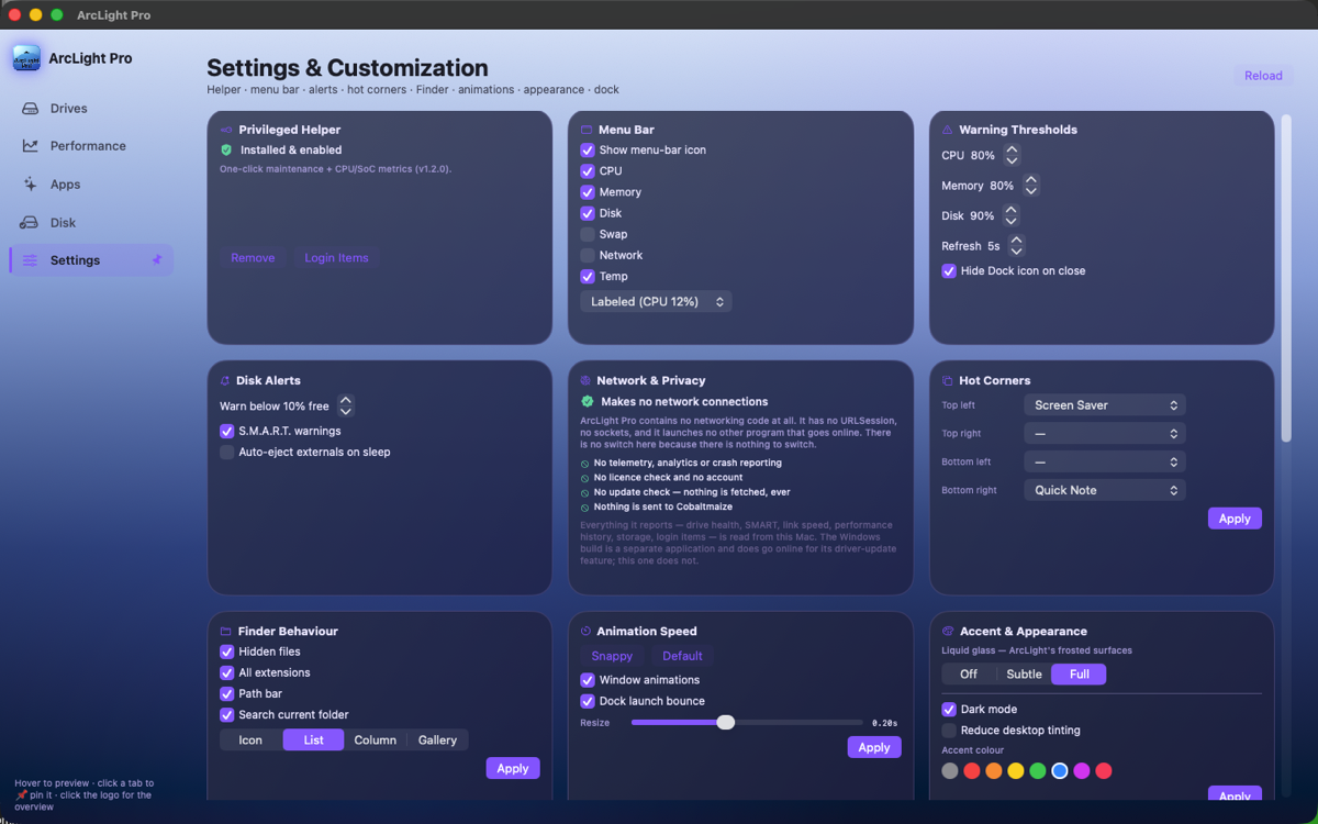 ArcLight Pro, Settings pane