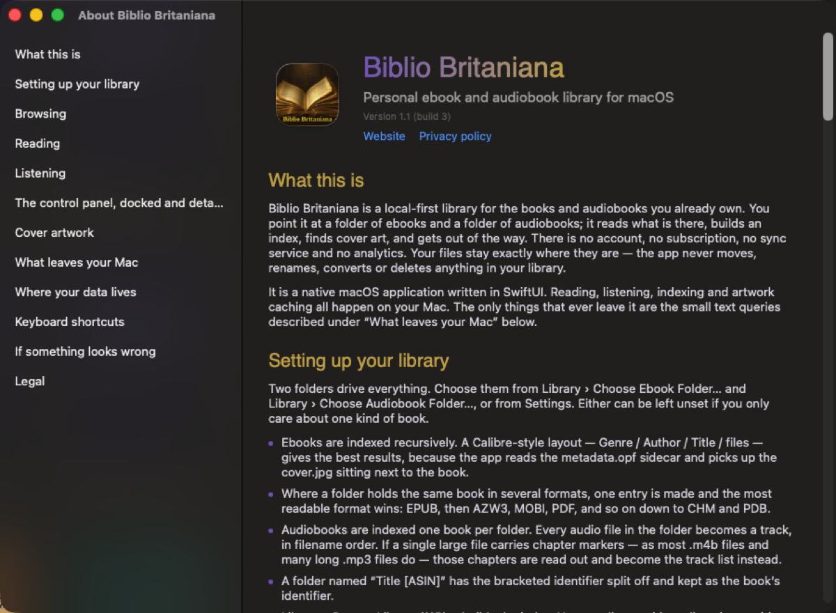 Biblio Britaniana, the built-in manual